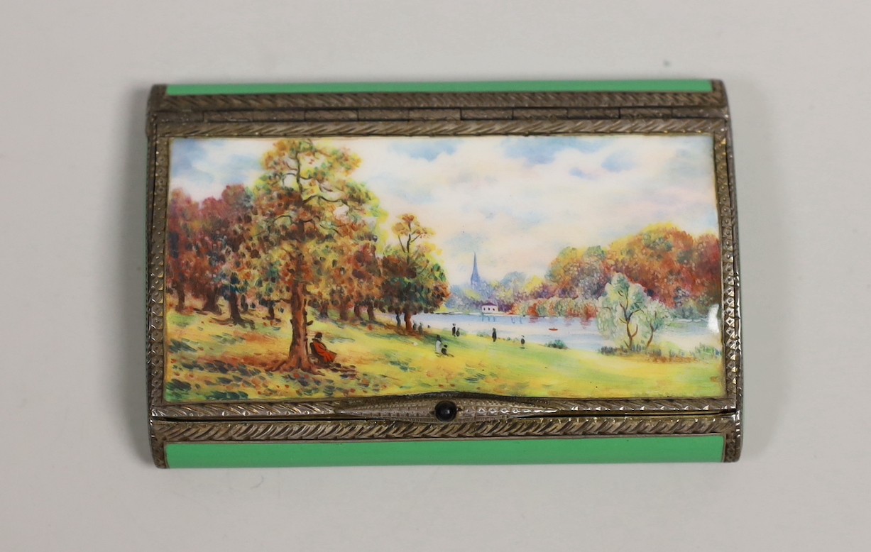 A late 1920's silver and enamel cigarette case, the cover decorated with riverside scene, P.H. Vogel, London, 1927, 81mm.